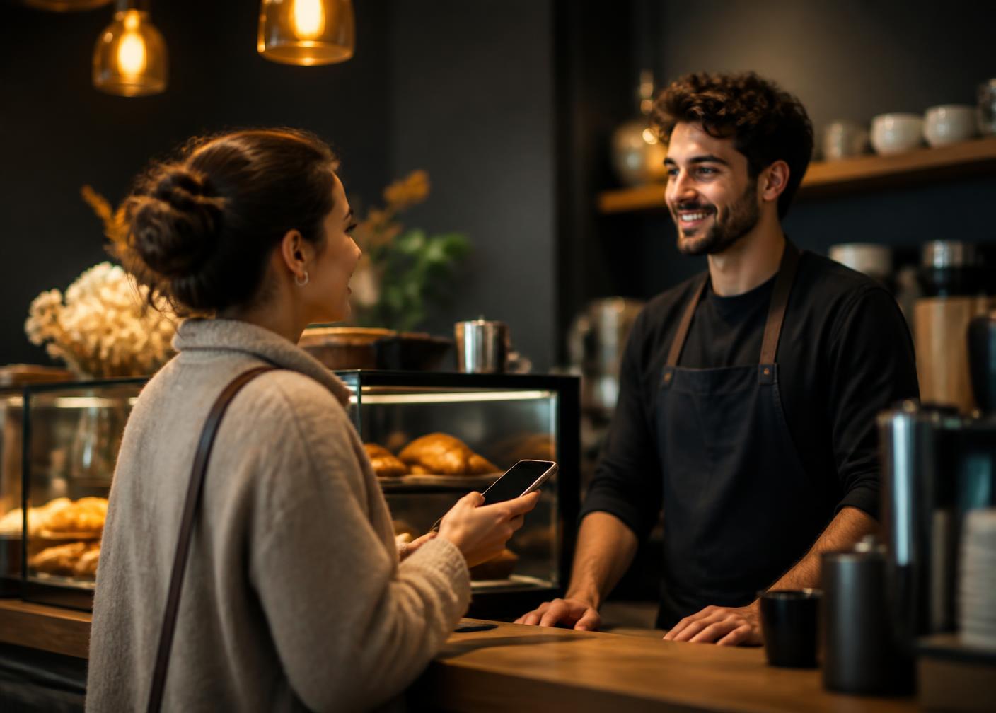 Guest scanning a loyalty QR code at a cafe counter